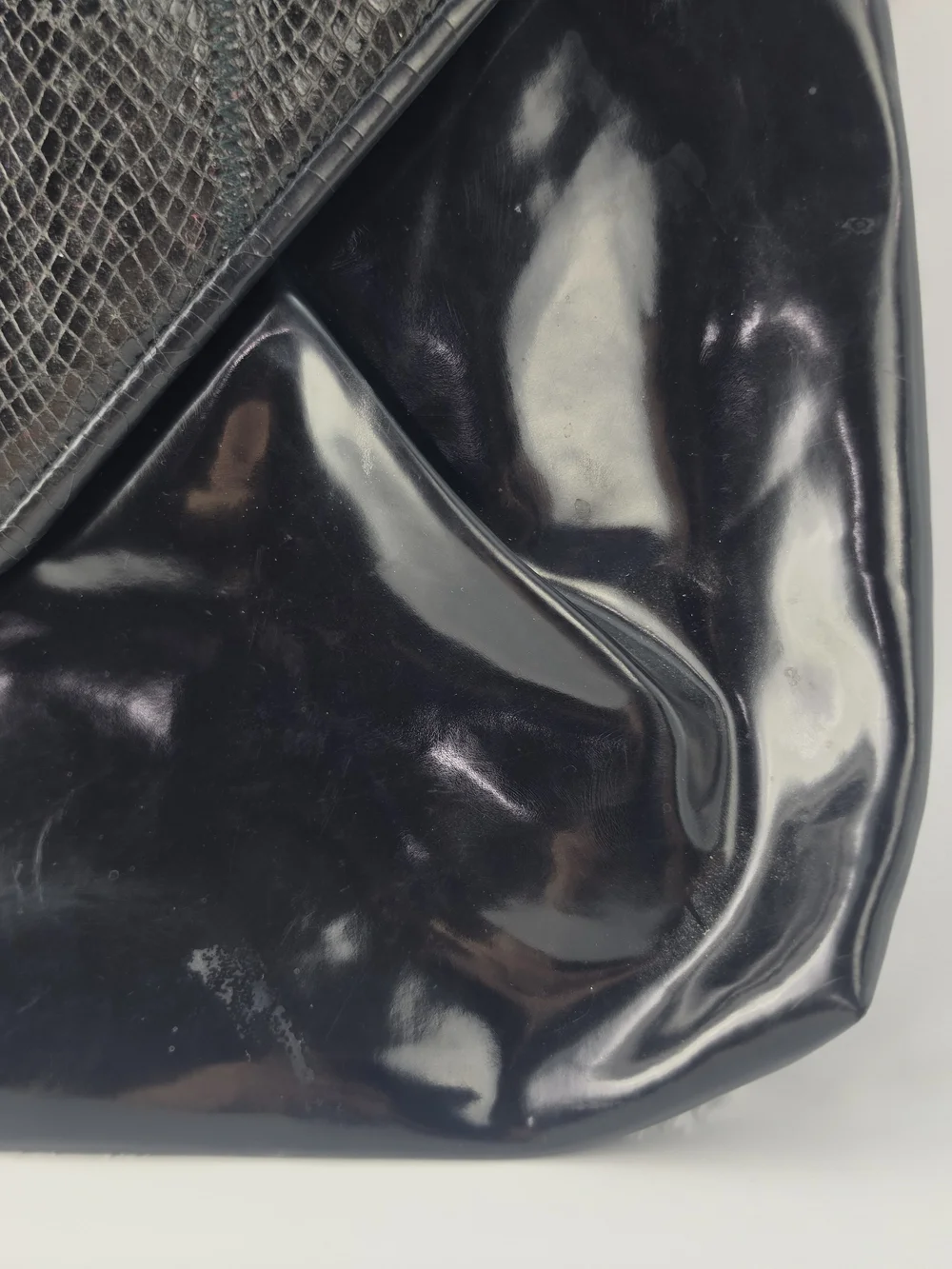 Large Black Vintage 60s Patent Leather Envelope Clutch Bag with Snakeskin Flap